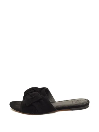Pre-owned Tory Burch Bow-knot Suede Slides In Black