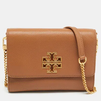 Pre-owned Tory Burch Britten Brown Leather Wallet On Chain