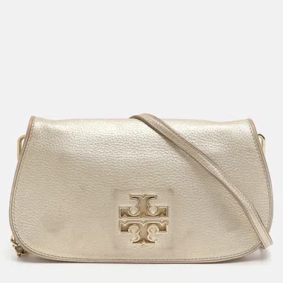 Pre-owned Tory Burch Britten Gold Leather Flap Crossbody Bag