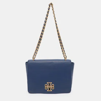 Pre-owned Tory Burch Britten Large Blue Leather Flap Shoulder Bag