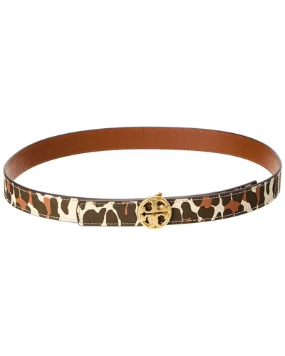 Tory Burch Britten Leopard Logo Leather Belt In Beige