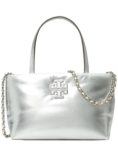 Tory Burch Britten Metallic Puffy Mini Tote In Silver