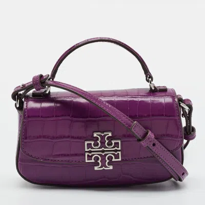 Pre-owned Tory Burch Britten Mini Purple Croc Embossed Leather Top Handle Bag
