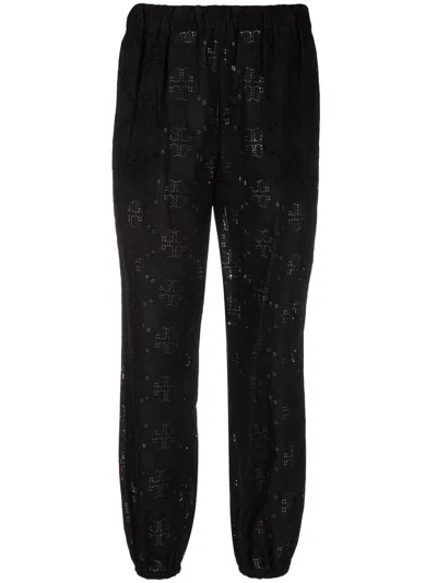 Tory Burch Broderie Anglaise Cotton Trousers In Black