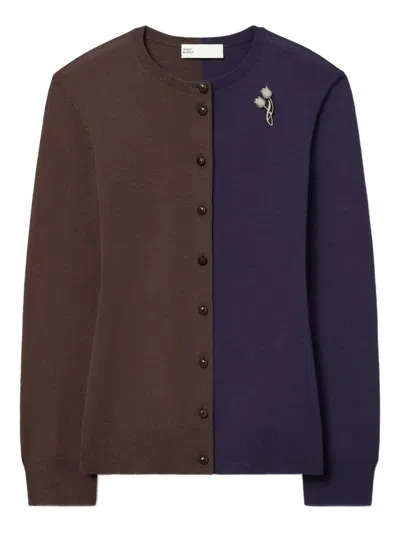 Tory Burch Brooch Wool Cardigan In Brown