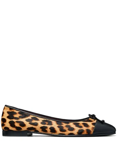 TORY BURCH BROWN CAP-TOE BALLET PUMPS - WOMEN'S - CALF LEATHER/NAPPA LEATHER/CALF HAIR