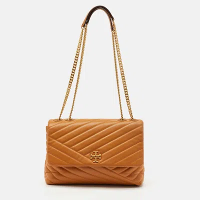 Pre-owned Tory Burch Brown Chevron Leather Kira Convertible Shoulder Bag