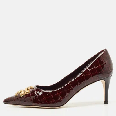Pre-owned Tory Burch Brown Croc Embossed Patent Leather Eleanor Pointed Toe Pumps Size 39