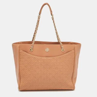 Pre-owned Tory Burch Brown Embossed Leather Bryant East West Tote