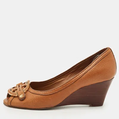 Pre-owned Tory Burch Brown Leather Amanda Peep Toe Wedge Pumps Size 37