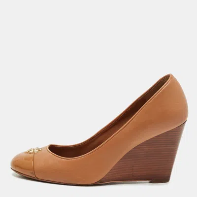 Pre-owned Tory Burch Brown Leather Amanda Wedge Pumps Size 37.5
