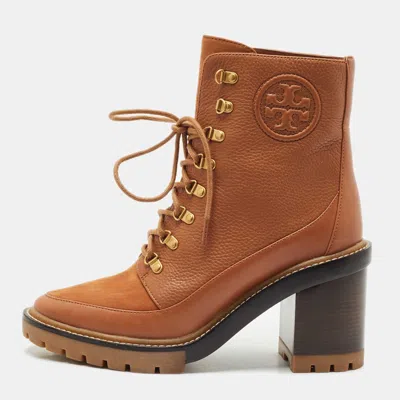 Pre-owned Tory Burch Brown Leather And Nubuck Leather Miller Ankle Length Boots Size 40