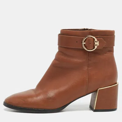 Pre-owned Tory Burch Brown Leather Ankle Length Boots Size 36.5