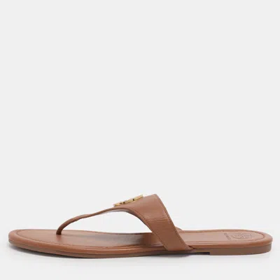 Pre-owned Tory Burch Brown Leather Benton Thong Flats Size 41