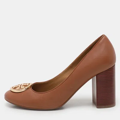 Pre-owned Tory Burch Brown Leather Block Heel Pumps Size 37