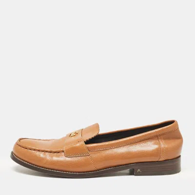 Pre-owned Tory Burch Brown Leather Classic Logo Plaque Loafers Size 39