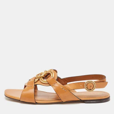 Pre-owned Tory Burch Brown Leather Crystal Embellished Slingback Flat Sandals Size 38