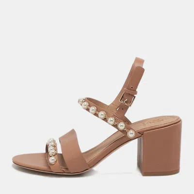 Pre-owned Tory Burch Brown Leather Emmy Pearl Ankle Strap Sandals Size 37