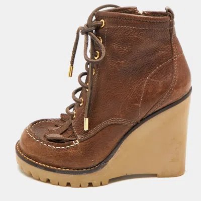 Pre-owned Tory Burch Brown Leather Fringe Detail Wedge Derby Ankle Boots Size 38.5