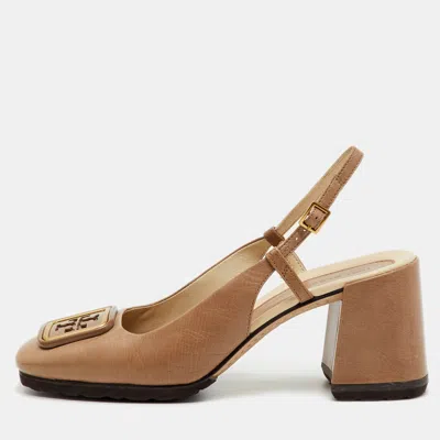 Pre-owned Tory Burch Brown Leather Georgia Slingback Block Heel Pumps Size 37