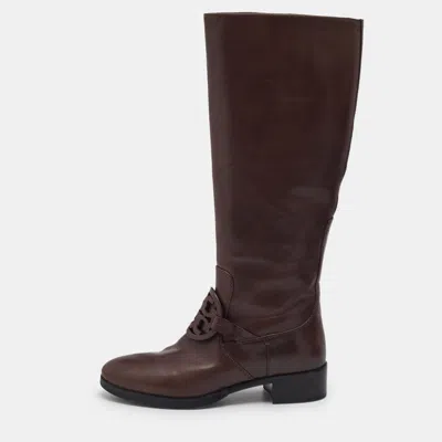 Pre-owned Tory Burch Brown Leather Miller Knee Length Boots Size 38.5