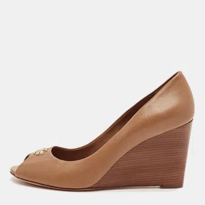 Pre-owned Tory Burch Brown Leather Reva Wedge Peep Toe Pumps Size 39