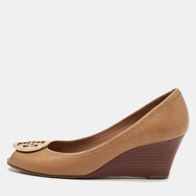 Pre-owned Tory Burch Brown Leather Selma Wedge Pumps Size 39.5