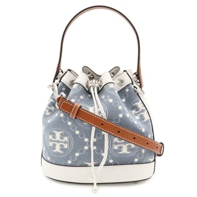 Pre-owned Tory Burch Brown Light Blue White Leather Denim Jacquard Handbag Shoulder Bag () In Brown, Light Blue, White