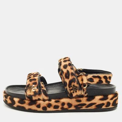 Pre-owned Tory Burch Brown Loepard-print Calf Hair Flat Sandals Size 38