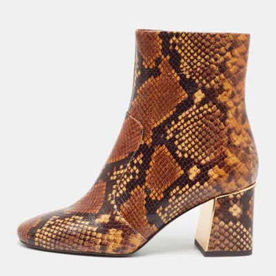 Pre-owned Tory Burch Brown Python Embossed Leather Ankle Boots Size 37.5