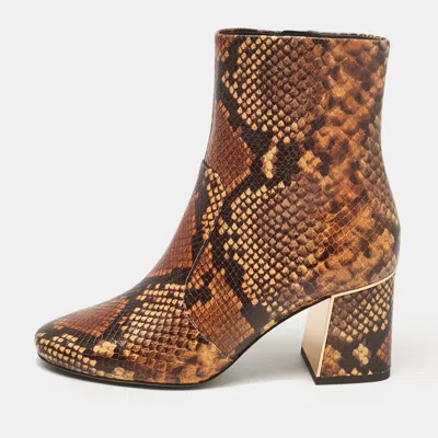 Pre-owned Tory Burch Brown Python Embossed Leather Ankle Length Boots 37