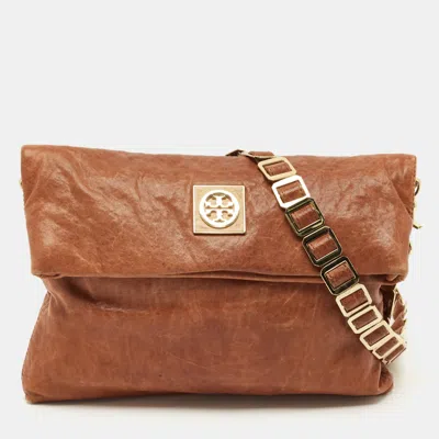 Pre-owned Tory Burch Brown Textured Leather Louisa Messenger Bag