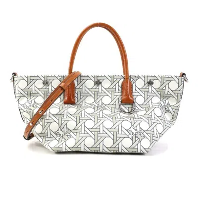 Pre-owned Tory Burch Brown White Nylon Canvas Leather Handbag Shoulder Bag () In Multi