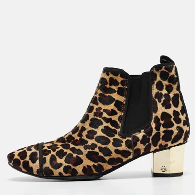 Pre-owned Tory Burch Brown/beige Leopard Print Calf Hair Ankle Boots Size 38.5