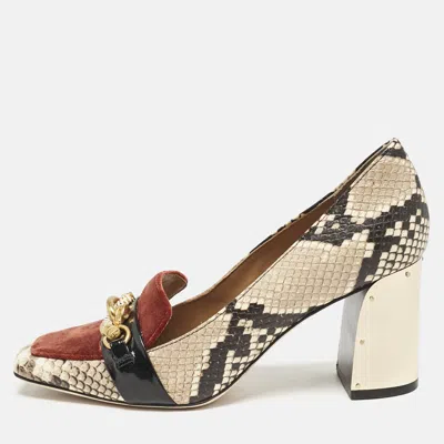 Pre-owned Tory Burch Brown/beige Snakeskin Embossed Leather And Velvet Jessa Pumps Size 37