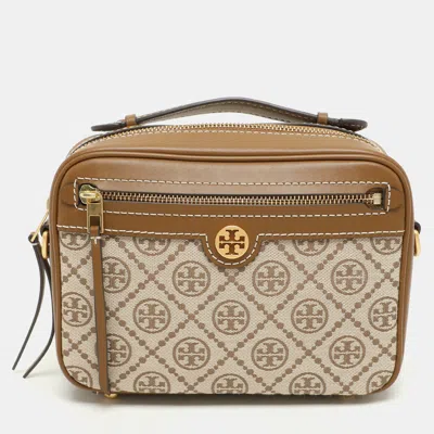 Pre-owned Tory Burch Brown/beige T Monogram Jacquard And Leather Crossbody Bag