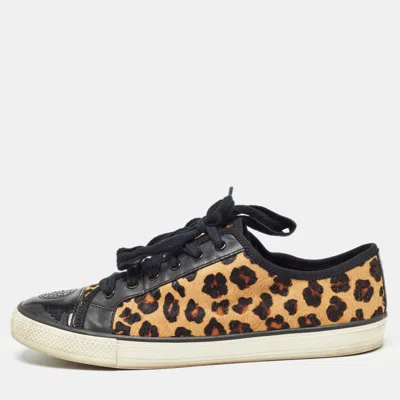Pre-owned Tory Burch Brown/black Animal Print Calf Hair And Leather Low Top Sneakers Size 40.5