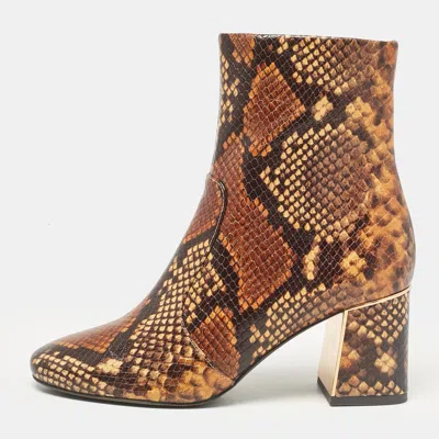 Pre-owned Tory Burch Brown/black Embossed Snakeskin Gigi Ankle Boots Size 36.5