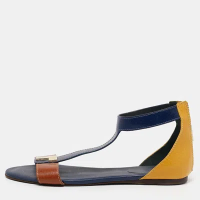 Pre-owned Tory Burch Brown/blue Leather T-strap Flat Sandals Size 40