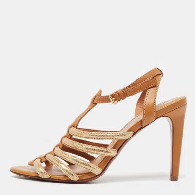 Pre-owned Tory Burch Brown/gold Leather And Glitter Suede Charlene Sandals Size 41