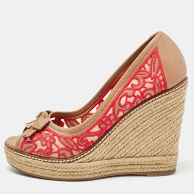 Pre-owned Tory Burch Brown/pink Leather And Embroidered Fabric Jackie Espadrille Wedge Pumps Size 37.5