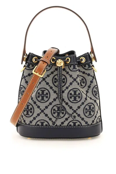 Tory Burch Monogram Pattern Bucket Bag In Navy