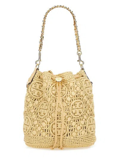 Tory Burch T Monogram Raffia Bucket Bag In Brown