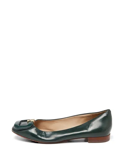 Pre-owned Tory Burch Buckle Patent Leather Ballet Flats In Green