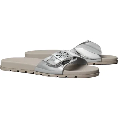 Tory Burch Buckle Slide Sandal In Silver/silver/aluminum