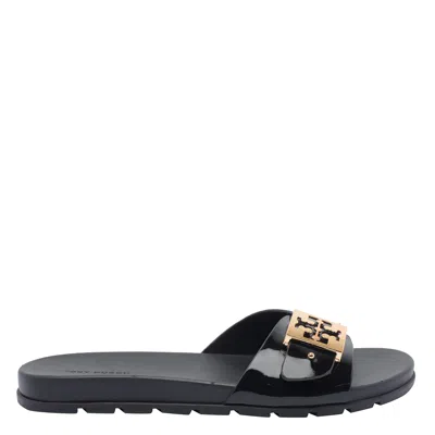 Tory Burch Patent Synthetic Leather Buckle Slide In Black