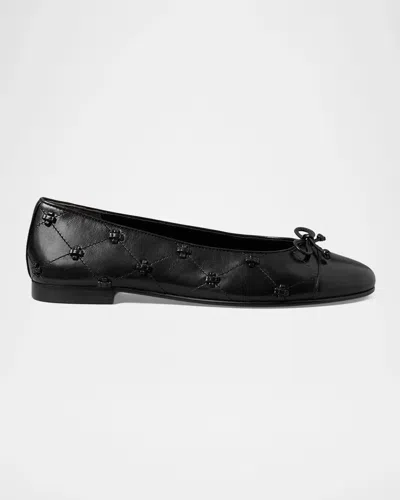 Tory Burch Bunny Knot Leather Cap-toe Ballerina Flats In Black