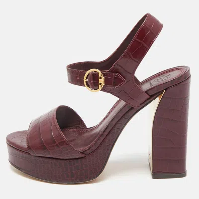 Pre-owned Tory Burch Burgundy Croc Embossed Leather Martine Ankle Strap Sandals Size 39
