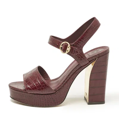 Pre-owned Tory Burch Burgundy Croc Embossed Leather Martine Platform Sandals Size 41