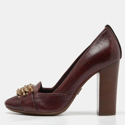 Pre-owned Tory Burch Burgundy Leather Chain Detail Block Heel Pumps Size 39.5